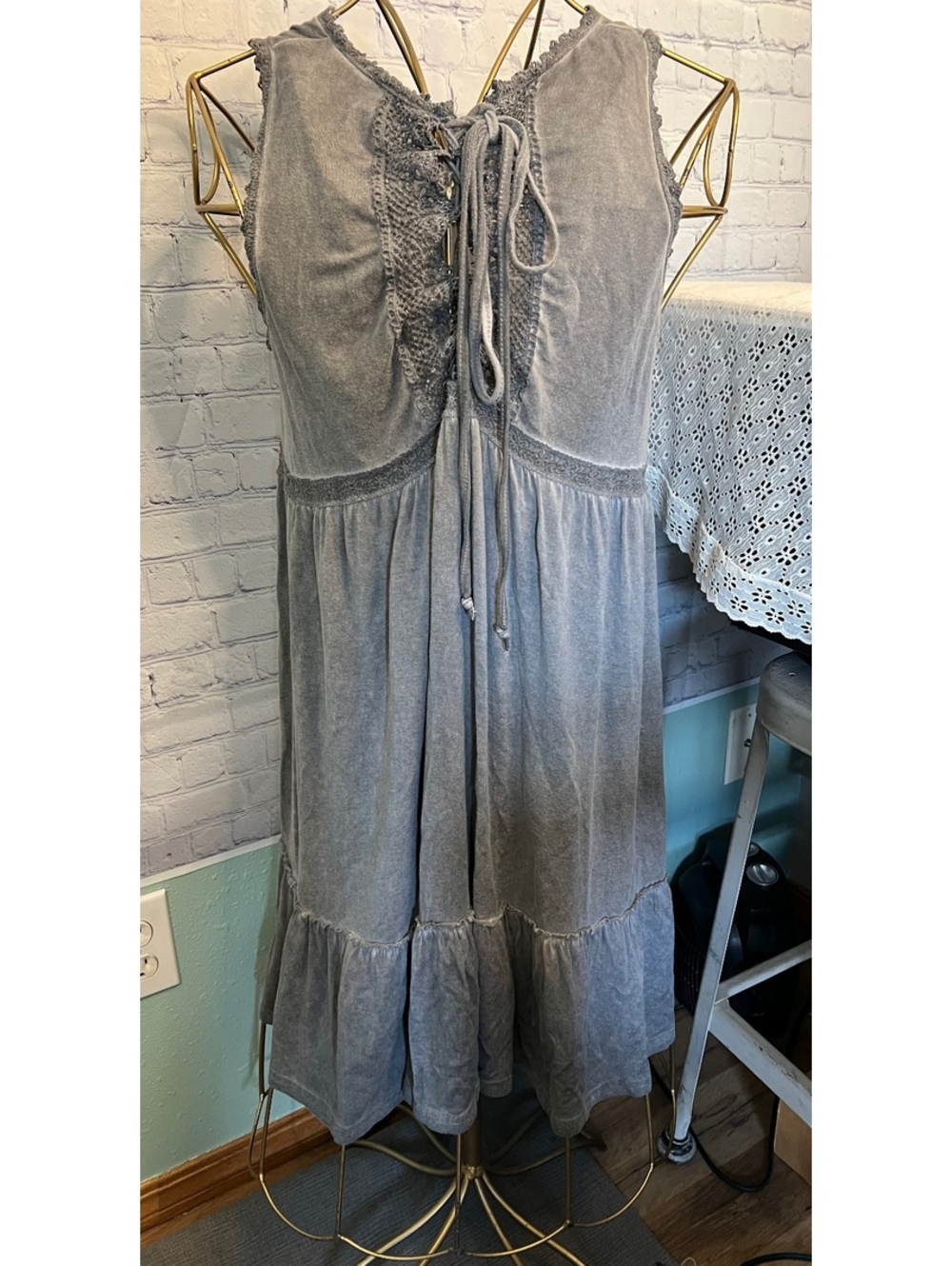 Umgee Midi Babydoll Boho Dress lace up Grey mineral wash